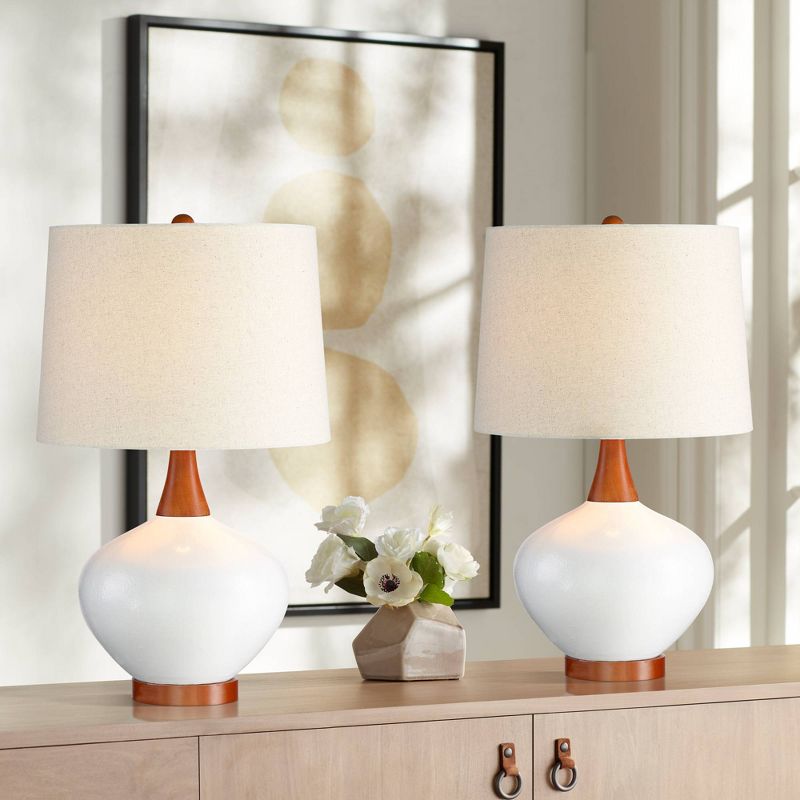 360 Lighting Brice 23" High Small Mid Century Modern Accent Table Lamps Set of 2 Ivory Wood Ceramic Living Room Bedroom Bedside Off-White Shade, 2 of 8