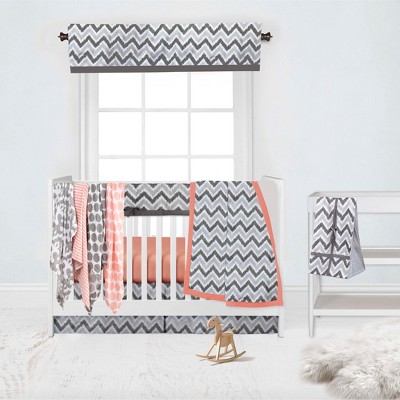 Bacati - Ikat Dots Stripes Coral Grey Girls 10 pc Crib Set with Long Rail Guard Cover & 4 Muslin Swaddling Blankets