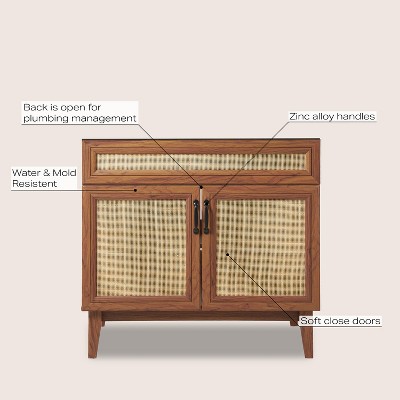 Javer 36" Walnut Rattan Modern Farmhouse Bathroom Vanity Cabinet