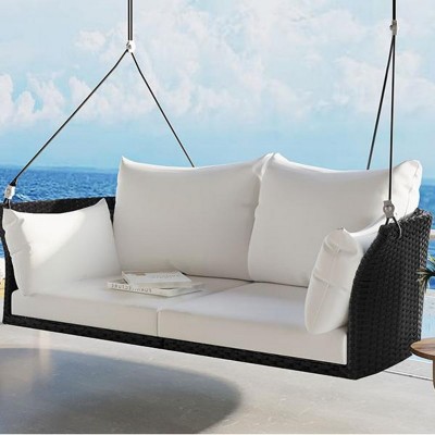51'' Outdoor Patio Rattan Woven Swing Hammock Chair,2 Person Garden Porch Swing Seat with Ropes,Wicker Patio Swing Chair with Cushion-Coolbibila