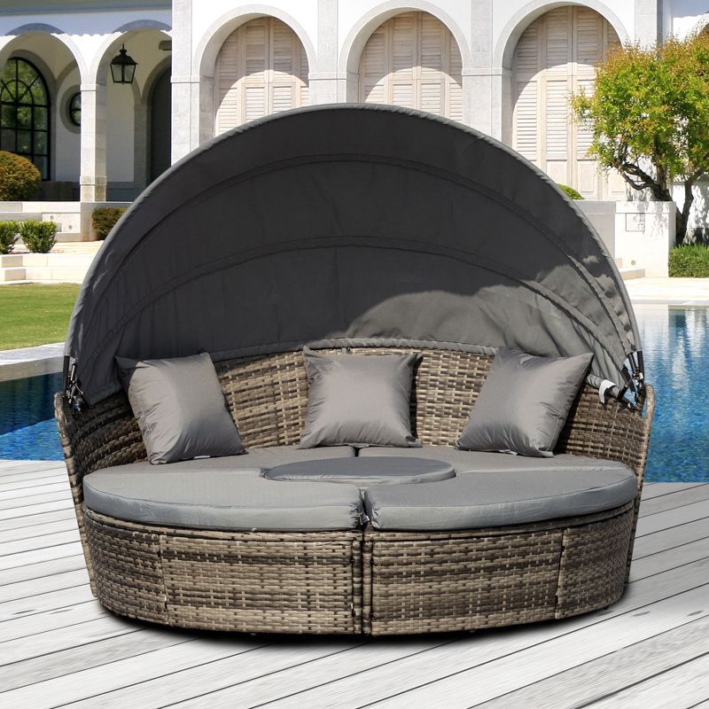 Outsunny Round Daybed, 4 pieces Cushioned Outdoor Rattan Wicker Sunbed or Conversational Sofa Set with Sun Canopy, Gray, 4 of 8