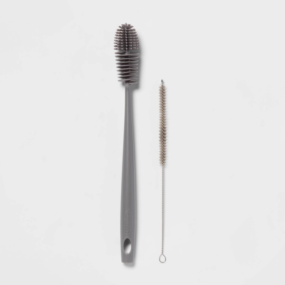 2pc Bottle Brush & Straw Brush Set (Pewter Matte) - Room Essentials