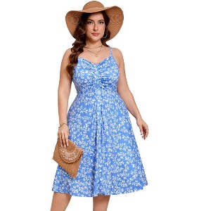 Womens Plus Size Summer Dress V Neck Floral Spaghetti Strap Sundress Button Down Pleated Swing Boho Midi Dress - 1 of 4