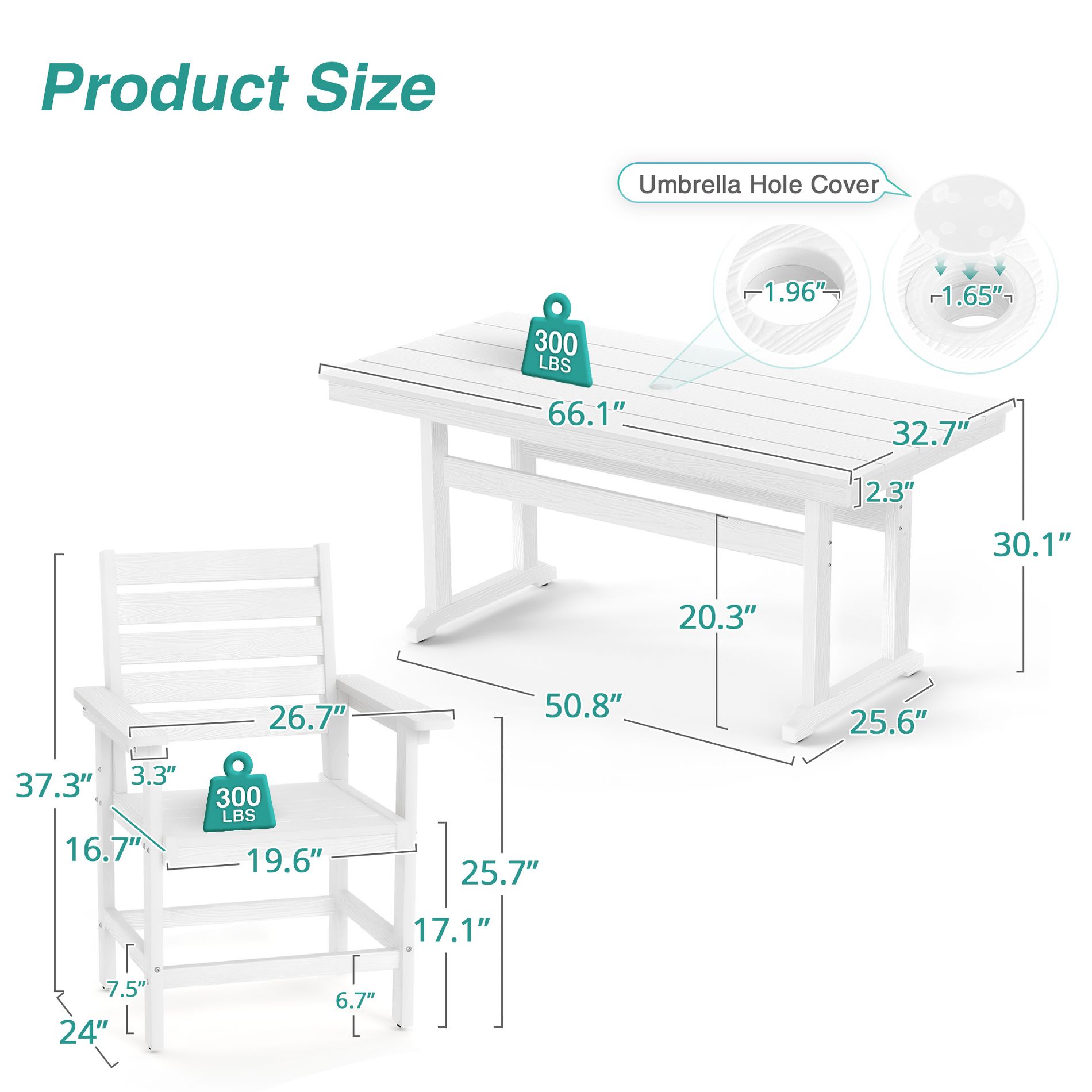 Arceso Patio Table and Chairs Set 7 Pieces, HDPS Weather Resistant Outdoor Dining Set, Square Outdoor Dining Table with 6 Patio Chairs, White