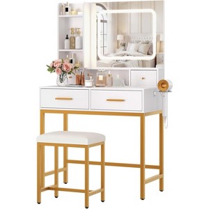 anity Desk, Makeup Vanity Desk with Mirror and Lights 3 Colors, Dressing Table with Chair, Makeup Table Set with 4 Drawers - 1 of 4