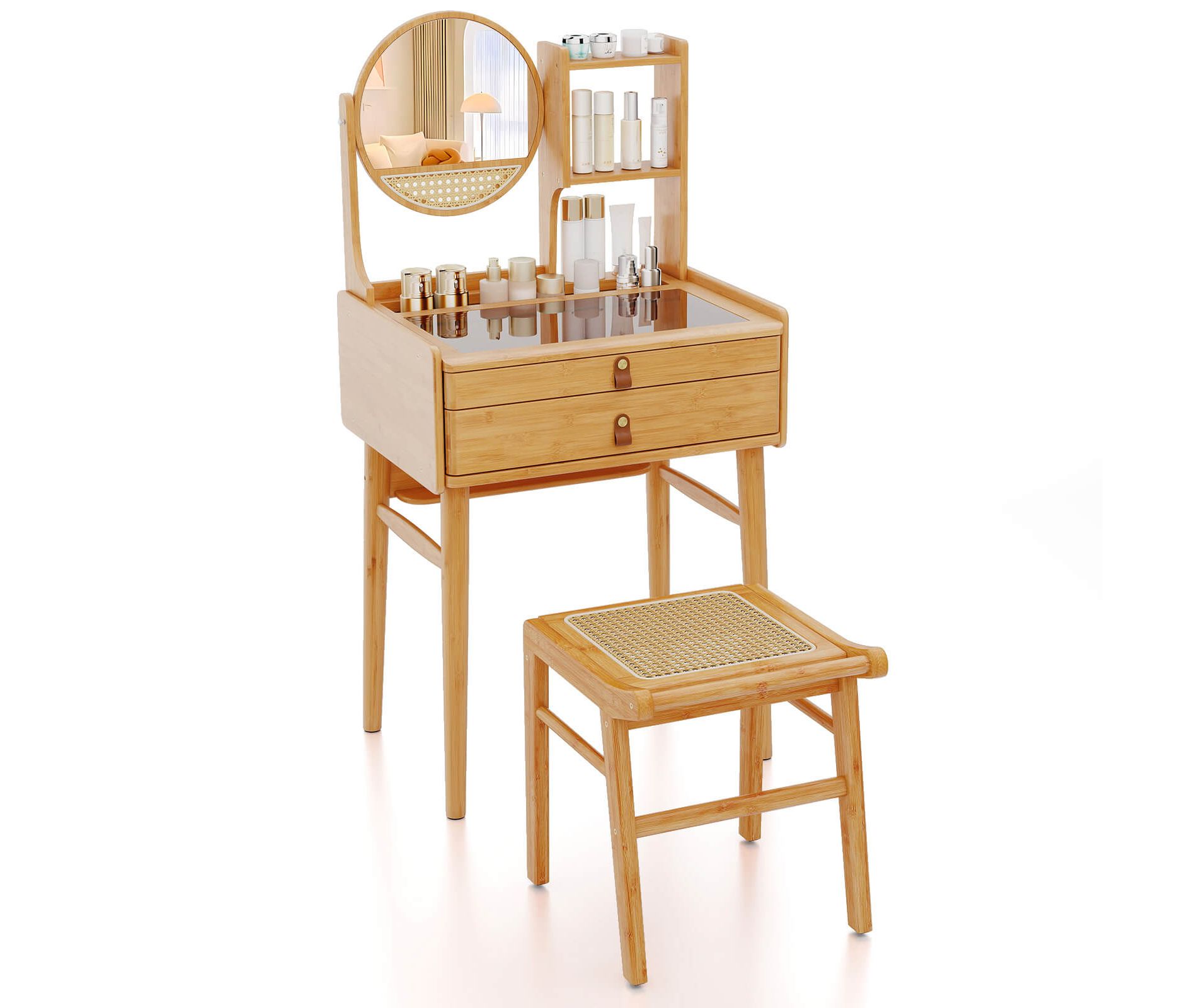 Costway 23.5" Compact Makeup Table Set with 2 Drawers Open Storage Shelves Vanity Stool