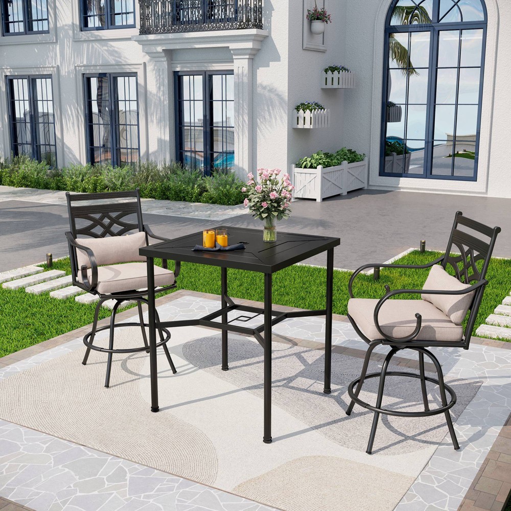 Photos - Garden Furniture 3pc Outdoor Set with Swivel Stools, Cushions & Square Metal Table - Captiv