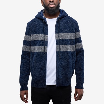 CULTURA Mens' Full Zip Hooded Striped Cardigan Sweater With Faux Shearling Lining