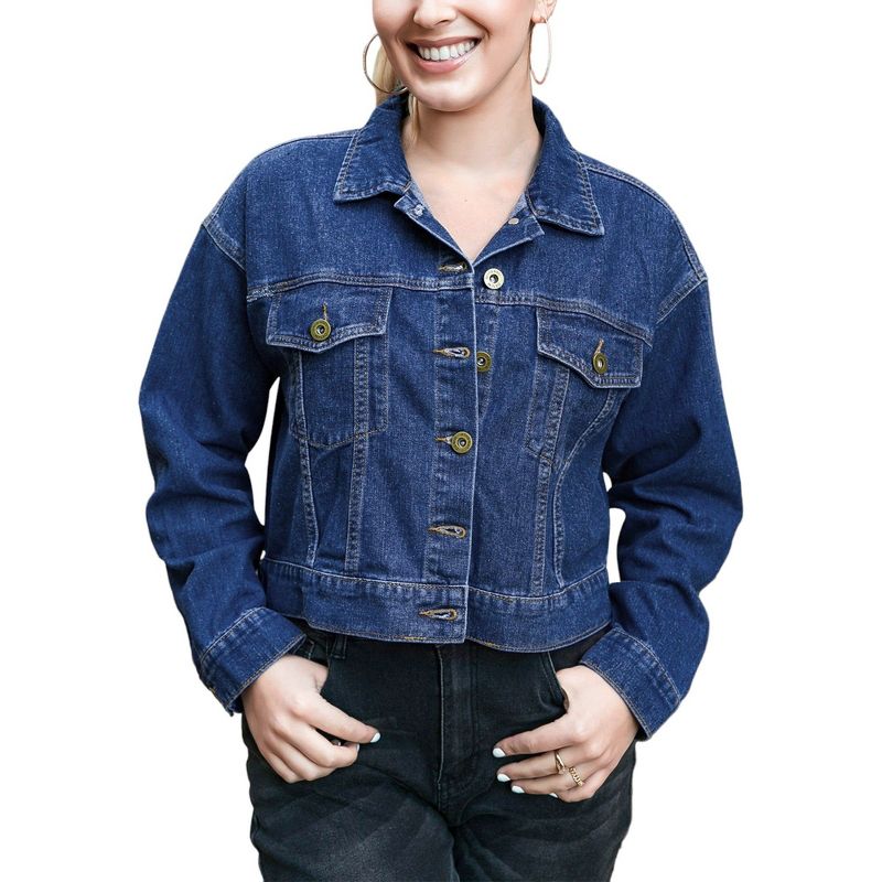 Anna-Kaci Women's Cropped Button Down Denim Jean Jacket with Pockets, 1 of 6