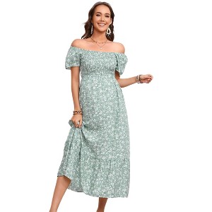 Maternity Square Neck Dress Flutter Sleeve Summer Smocked Midi Dress for Baby Shower Photoshoot - 1 of 4