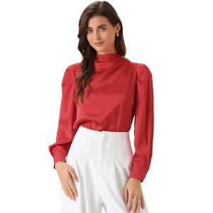 Allegra K Women's Satin Mock Neck Pleated Puff Sleeve Blouse - 1 of 4