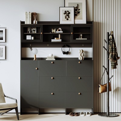 Multifunctional Tipping Bucket Shoe Cabinet With Storage Shelf And 6 Flip Drawers,Foyer Cabinet With 4 Hooks,Entryway Shoe Cabinet-Cuddlewood