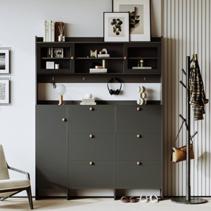 Multifunctional Tipping Bucket Shoe Cabinet With Storage Shelf And 6 Flip Drawers,Foyer Cabinet With 4 Hooks,Entryway Shoe Cabinet-Cuddlewood - 1 of 4