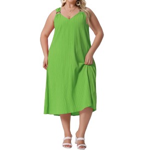 Agnes Orinda Women's Plus Size Elegant Texture V-Neck Sleeveless Pleated Back Midi Dress - 1 of 4