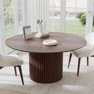 PexFix 60 inch Wood Round Dining Table Circle Kitchen Table with Wood Strip Base Modern Farmhouse Dinner Tables for Kitchen Living Room Walnut