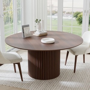 PexFix 60 inch Wood Round Dining Table Circle Kitchen Table with Wood Strip Base Modern Farmhouse Dinner Tables for Kitchen Living Room Walnut - 1 of 4