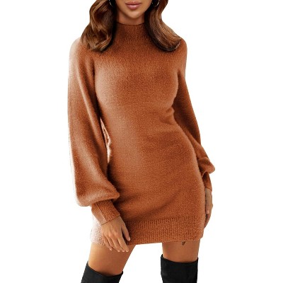 EXLURA Women's Mock Neck Ribbed Long Sleeve Bodycon Pullover Cute Mini Sweater Dress