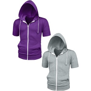 Lars Amadeus Men's Full Zip Regular Fit Solid Short Sleeves Hoodies Sweatshirt 2 Packs - 1 of 4