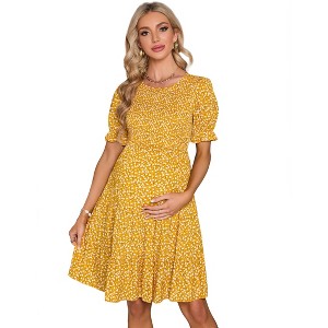YESFASHION Women Short Sleeve Smocked Maternity Dresses Round Neck Floral Print A Line Casual Midi Pregnancy Dress - 1 of 4