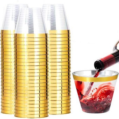 Attop 200 Pack Gold Plastic Cups, 9 Oz Elegant Clear Plastic Cups Gold Rimmed Disposable Wine Glasses Fancy Disposable