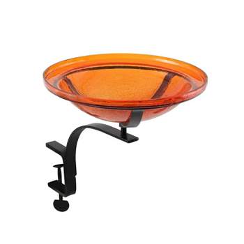 13.7" Reflective Crackle Glass Birdbath Bowl with Rail Mount Bracket Mandarin Orange- Achla Designs