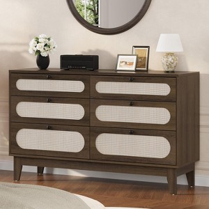 Freestanding Modern 6-Drawer Rattan Wood Dresser with Legs & Charging Station – Multi-Size Storage Organizer for Bedroom, Living Room - 1 of 4