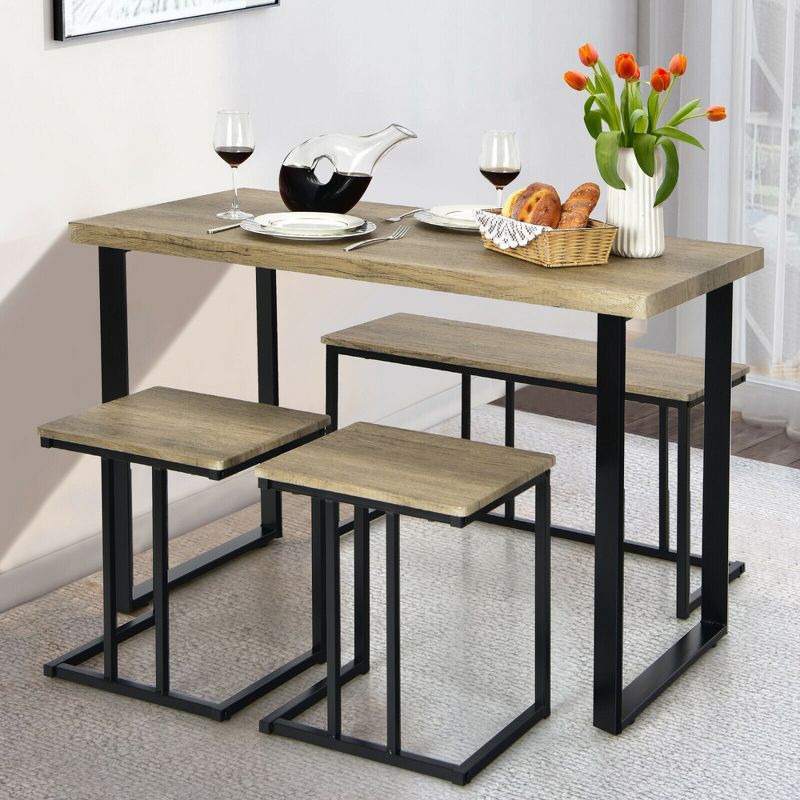 Costway 4-Piece Dining Table Set Industrial Dinette Set Kitchen Table w/Bench & 2 Stools, 5 of 11