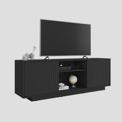 Black Particle Board TV Stand with Chevron Pattern Doors, 63"