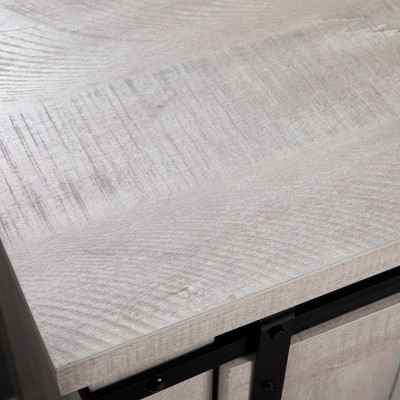 Saw Cut Off-White Compact TV Stand with Barn Door Cabinet