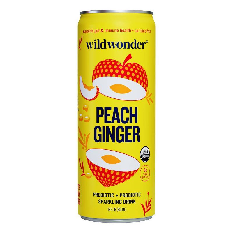 wildwonder Peach Ginger Organic Prebiotic + Probiotic Sparkling Drink - 12 fl oz Can, 1 of 7