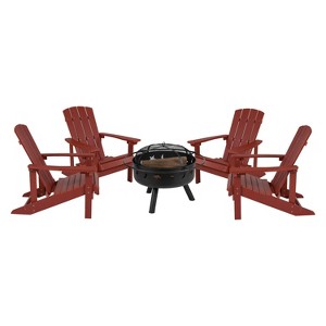 Merrick Lane Ayala 5 Piece Outdoor Leisure Set with Set of 4 Poly Resin Adirondack Chairs and Star and Moon Iron Fire Pit - 1 of 4
