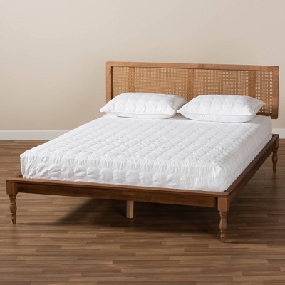 Romy Full Size Walnut Wood and Rattan Upholstered Bed