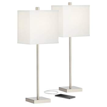 360 Lighting Franco Modern Table Lamps 26 1/2" High Set of 2 Brushed Nickel with USB Charging Ports White Square Shade for Bedroom Living Room Desk