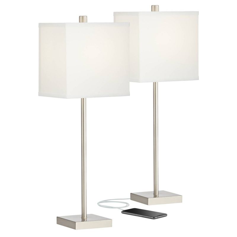 360 Lighting Franco Modern Table Lamps 26 1/2" High Set of 2 Brushed Nickel with USB Charging Ports White Square Shade for Bedroom Living Room Desk, 1 of 8