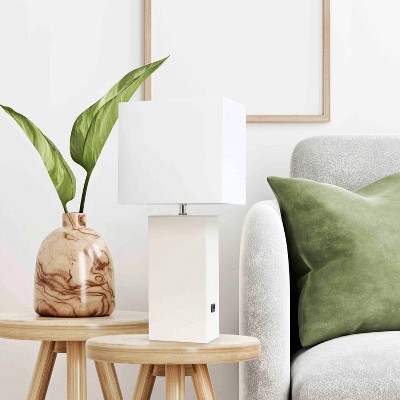 21" White Leather Base Modern Nightstand Lamp with USB Port