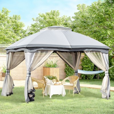 Gray Steel Outdoor Gazebo with Mesh Sidewalls and Vented Roof