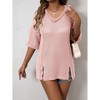 Women's Casual V - Neck Waffle Knit Half - Sleeve Top with Side Slits - 2 of 4