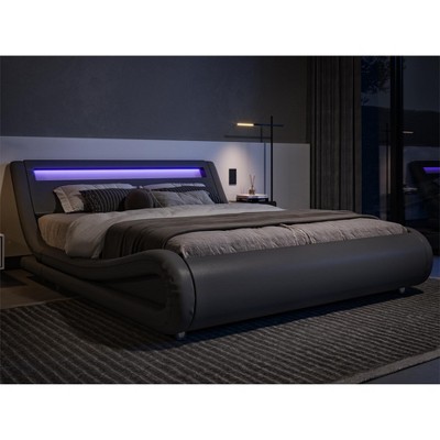 Allewie LED Platform Bed Frame with Adjustable Headboard/No Box Spring Need/Easy Assembly/Faux Leather in White and Black