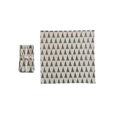 Storied Home Stonewashed Cotton Napkins with Christmas Tree Print, Natural, Green and Red, Set of 4