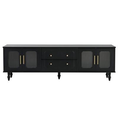 YOOCOZZ Retro Design TV Stand for TVs Up to 78" with Fluted Glass Doors, 2 Drawers and Cabinets - Black