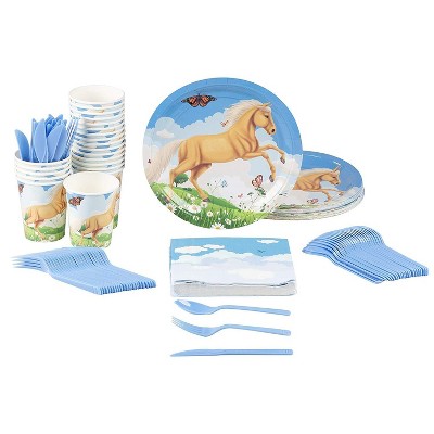 Juvale Disposable Dinnerware Set - Serves 24 - Horse Party Supplies for Kids Birthdays/Plastic Knives/Spoons/Forks/Paper Plates/Napkins/Cups