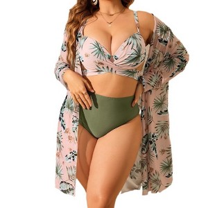 Women's Plus Size 3 Pieces Bikini Set Printed Ruched Bikini Swimsuit with Long Sleeve Beach Cover Up - 1 of 4