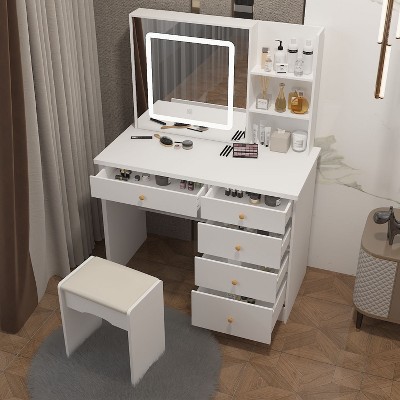 FUFU&GAGA LED Dimmable Mirror Dresser Dressing Table with Drawers Stool