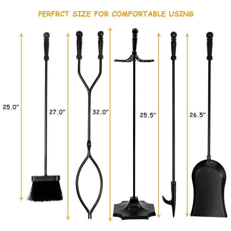 Tangkula Fireplace Tool 5 sets Pendant Tongs Fire Hook Brush Shovel Black w/ 31" Pedestal Base, 4 of 10