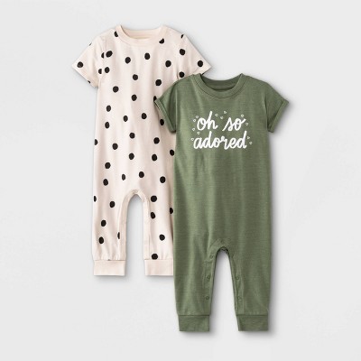 Baby Girls' 2pk 'Oh So Adored' Dot Jersey Romper - Cat & Jack™ Sage Green Newborn