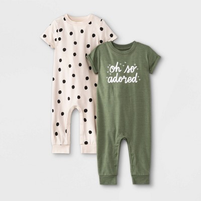 Image of Baby Girls' 2pk 'Oh So Adored' Dot Jersey Romper - Cat & Jack™ Sage Green 3-6M