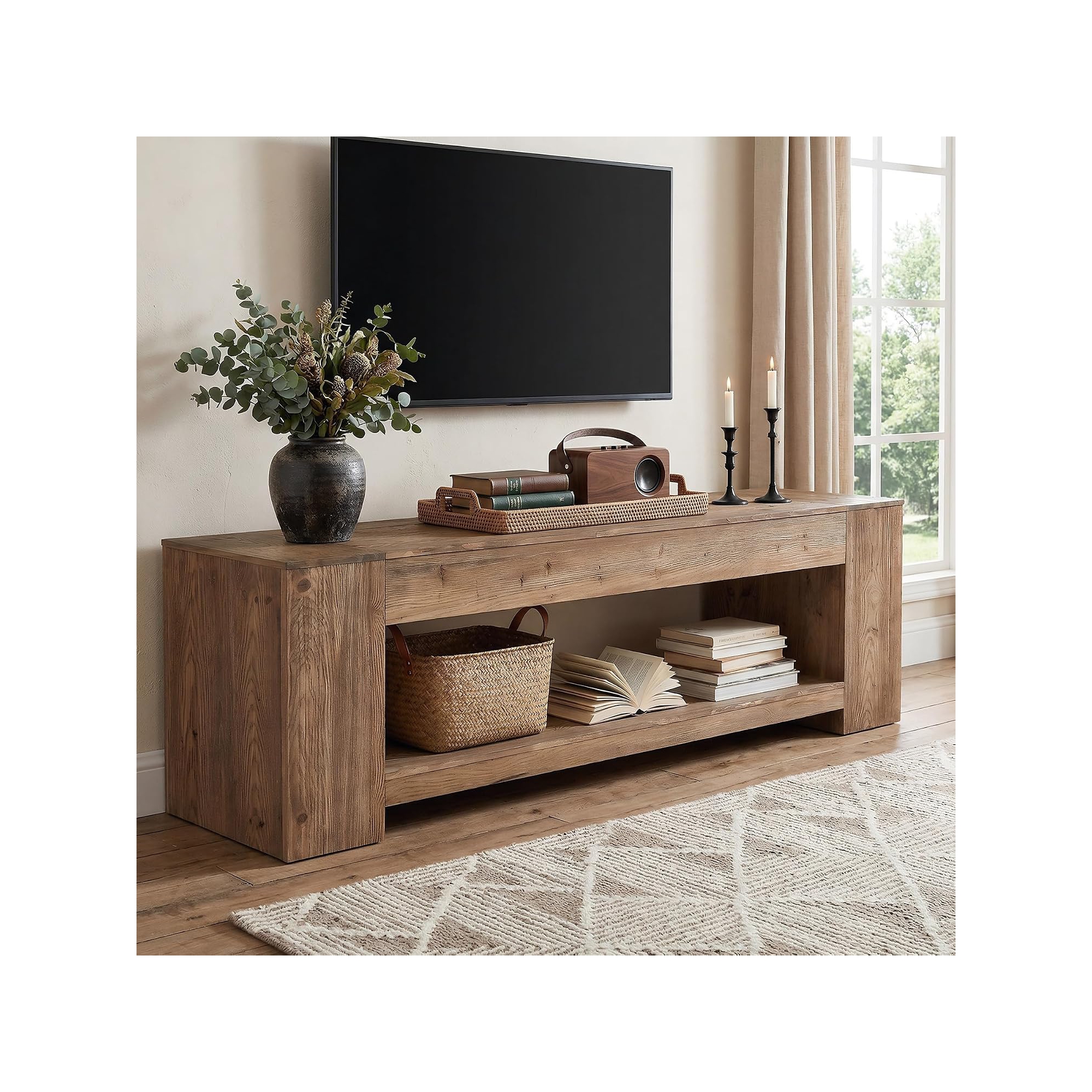 Lantine 63" Solid Wood TV Stand for TVs up to 75", Farmhouse Long Entertainment Center with Open Shelf, Low TV Console for Living Room, Bedroom, Brown