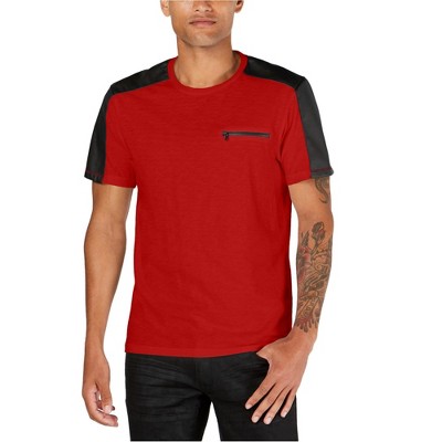 I.N.C International Concepts Mens Leather Sleeves Basic T-Shirt, Red, Medium