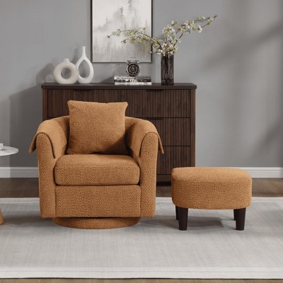 Wooakway Swivel Accent Chair with Ottoman Set Barrel Armchair with Removable Back Pillow with 2 Armrest Covers for Living Room Bedroom Office