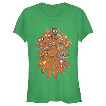 Juniors Womens Marvel Christmas Gingerbread Cookie Heroes T-Shirt